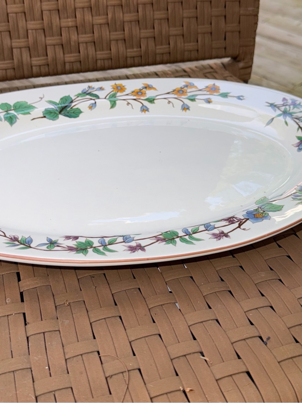 White Floral Rim Porcelain Serving Platter - Green & Blue Accent